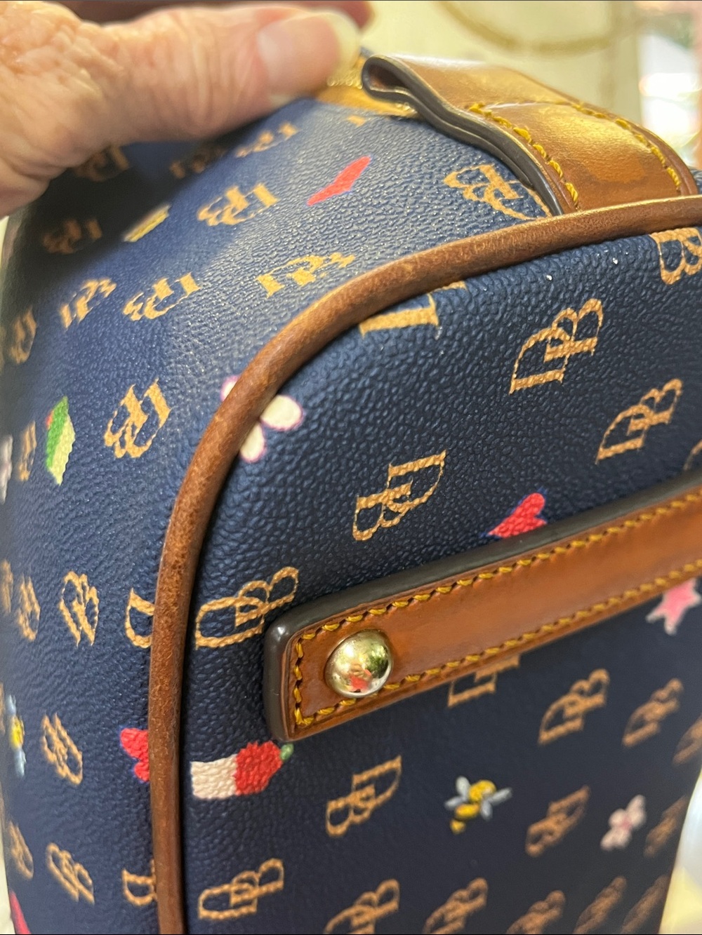 Dooney & Bourke Navy Satchel with Brown Trim and Multicolor Motifs - Picture 8 of 14
